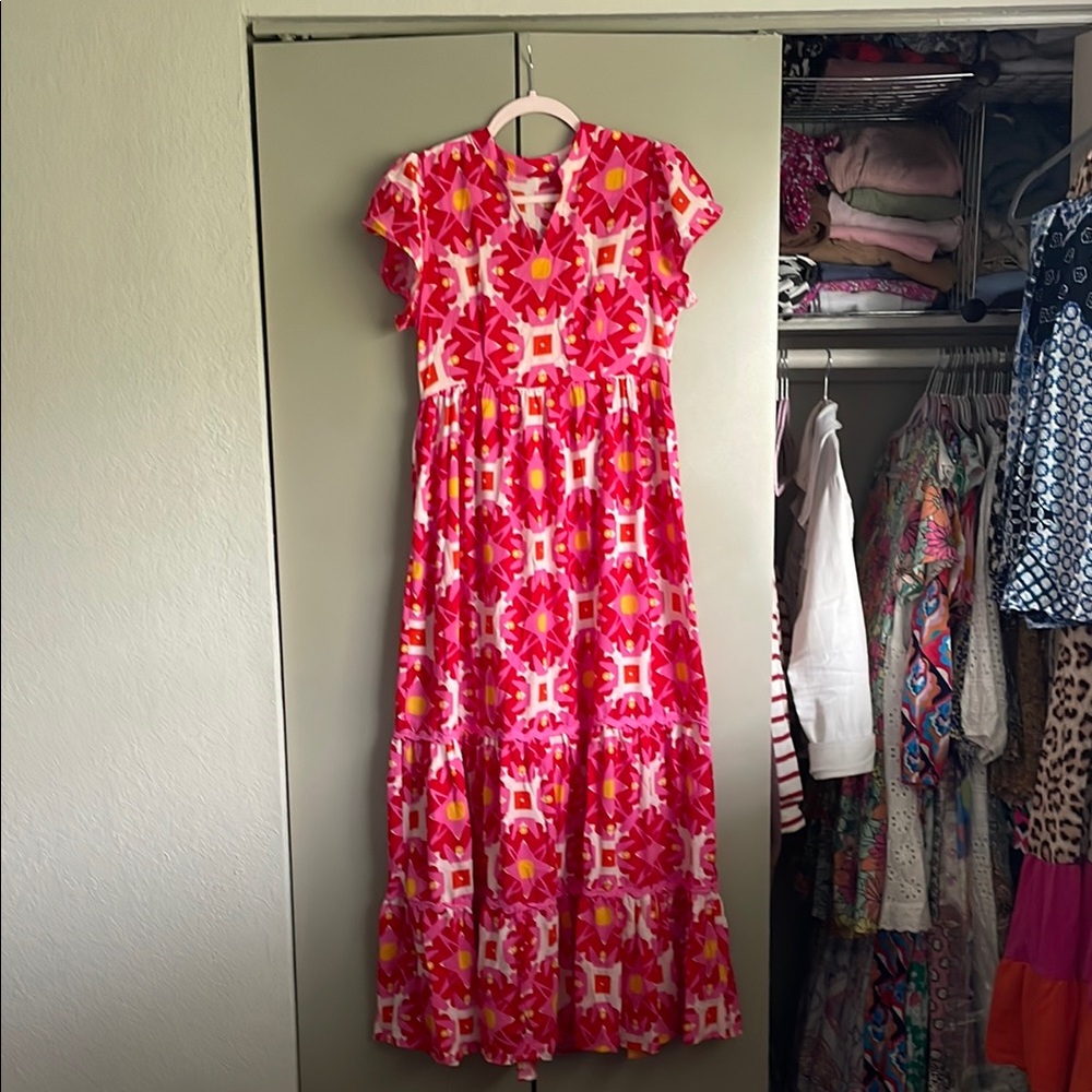 Bright pink and red maxi dress